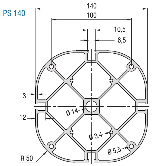 PS 140 Structural Aluminum Extrusion Profile Dimensions