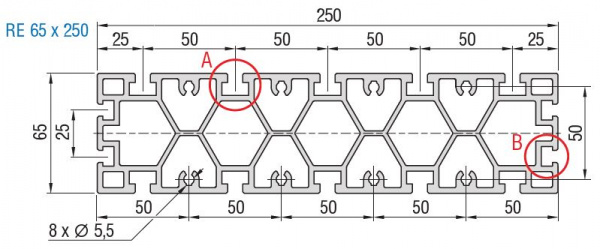 RE65x250 Table Plate Extrusion Dimensions