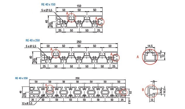 RE 40 Aluminum Extrusion Table Plate Dimensions
