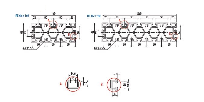 RE 65 Aluminum Extrusion Table Plate Dimensioned Drawing