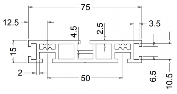 RE15x75 Aluminum Extrusion Dimensions